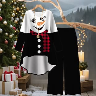 Export Christmas Rose and Snowman Print Set for Women, Irregular Long Sleeve Top with Wide-Leg Pants, Loungewear Two-Piece Set