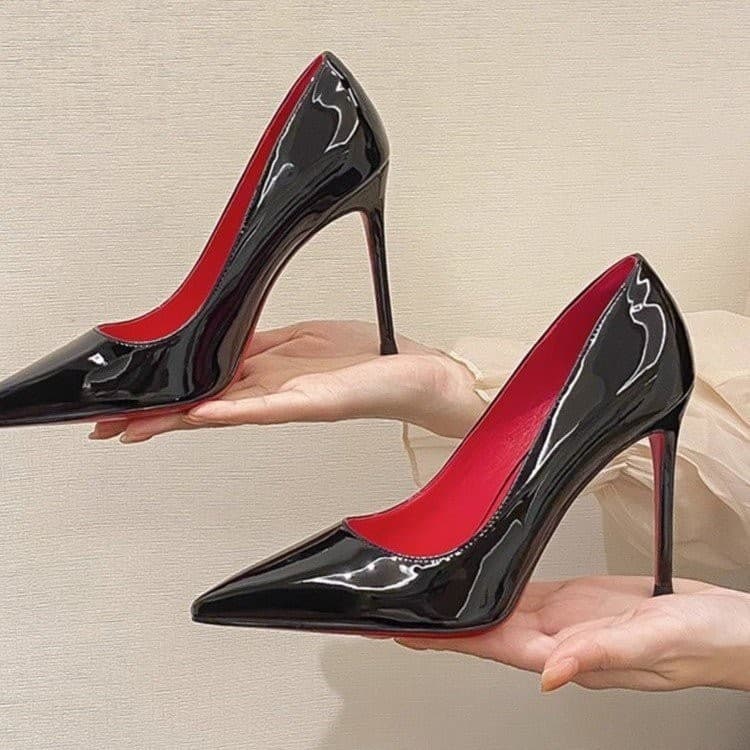 2025 Black Patent Leather Red Sole High Heel Shoes Pointed Toe Shallow Mouth Thin Heel Single Shoes Nightclub Work Shoes Light Luxury High-End Sense