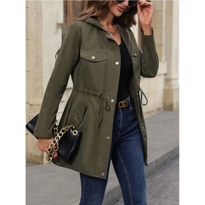 Army Green Hooded Trench Coat Waist Tie Casual Jacket