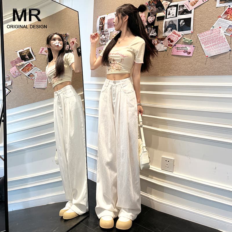 White high-waisted wide-leg jeans for women 2024 summer fashion versatile thin style loose slimming straight pants