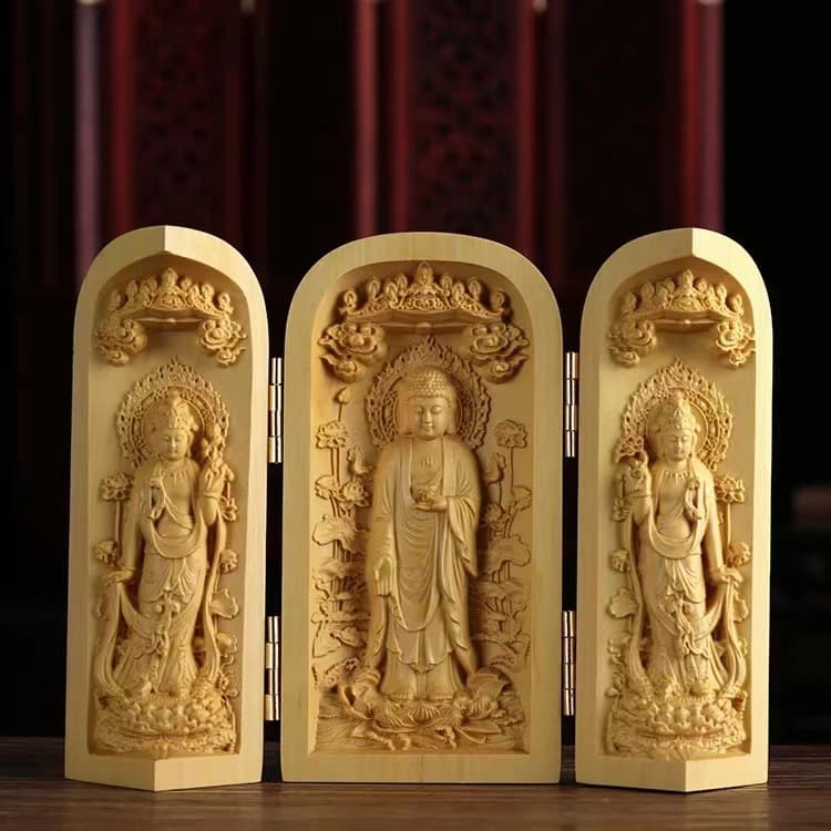 Wholesale Red Wood Crafts Boxwood Carving Home Decoration Western Three Saints Guanyin Bodhisattva Ornament