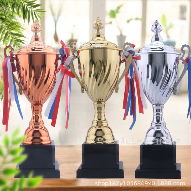 Launching gold, silver, and bronze trophies for student and children's school sports meets and competitions, metal medals, and awards; logo printing available.