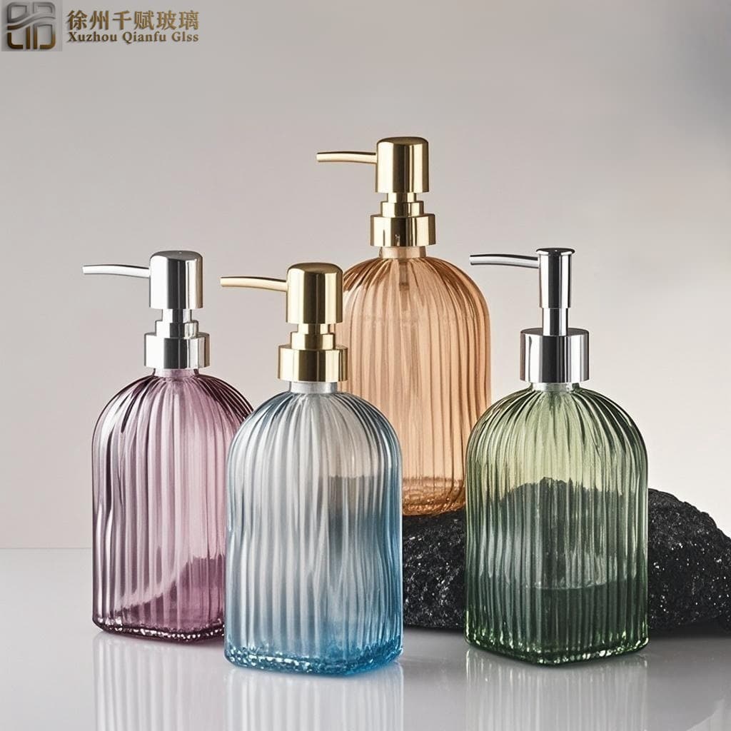 Factory Direct 400ml Glass Bottle Square Striped Lotion Dispenser Empty Bottle Shower Bottle Bathroom Soap Dispenser