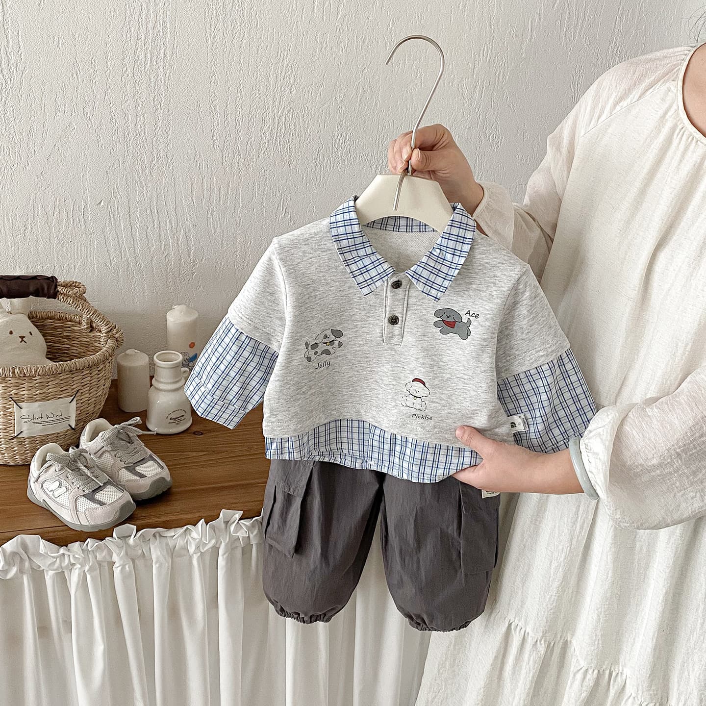 Dianxi Spring New Infant and Toddler Fake Two-piece Shirt Set for Boys Korean Style Western Style Top and Overalls Two-piece Set