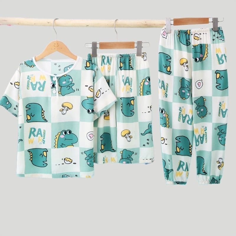 Boys' pajamas short-sleeved shorts bloomers cotton silk summer middle-aged children's cartoon three-piece home clothes set