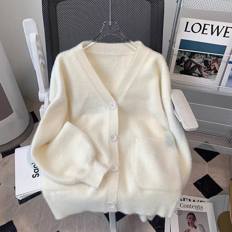 2025 New Spring Fluffy Knit Cardigan for Women Petite Plus Thick Warm Long Sleeve Top