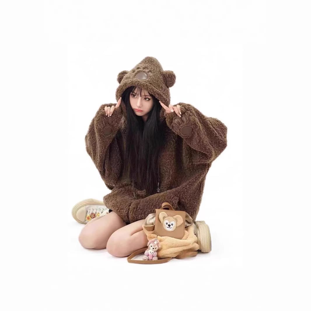 Alpaca composite arctic velvet 500g | Leather embroidered cute funny bear lamb hair couple rabbit ear top