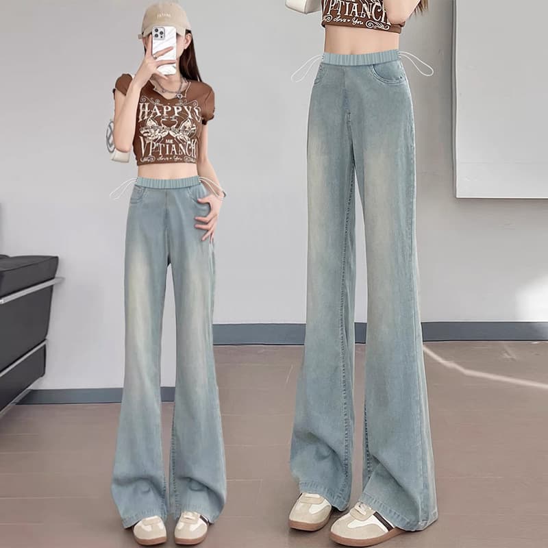 9029# Maternity Lyocell Flared Leggings with Drawstring, Thin Stretchy Denim, Non-Belly Support, Flared Pants for Outer Wear