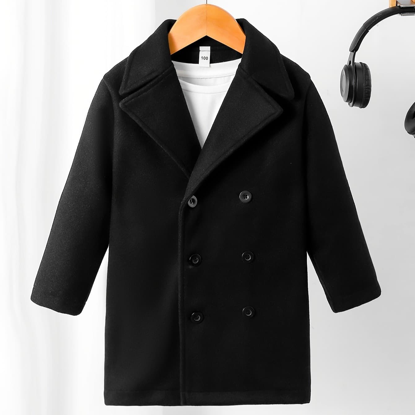 Boys' Black Solid Trench Coat for Fall/Winter, Fashionable Casual Open-Front Jacket