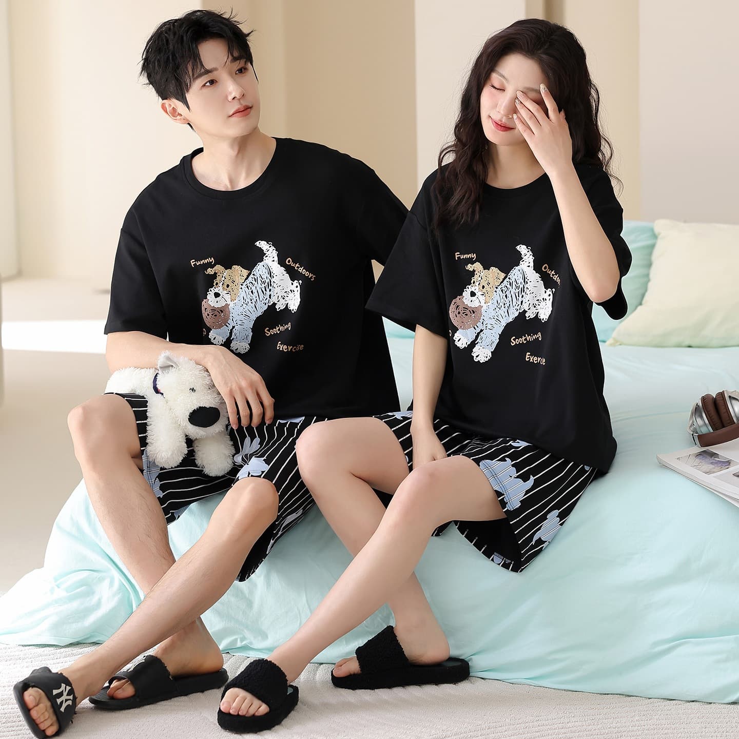 2026 Summer Women's 100% Cotton Crew Neck Short Sleeve Couple Homewear Set for Men and Women Pure Cotton Pajamas