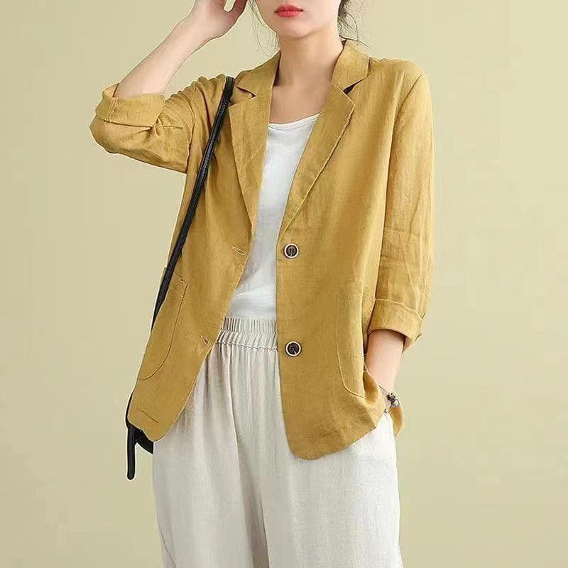 Linen-Cotton Blazer Jacket 2025 Fall/Winter New Thin Loose Artistic Solid Color Long Sleeve Casual Blazer for Women
