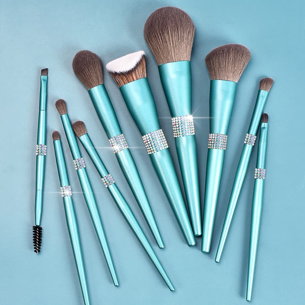 10-Piece Turquoise Makeup Brush Set with Rhinestones, Premium Soft Bristle Eyeshadow and Blush Brushes with Storage Bag, Beauty Tools