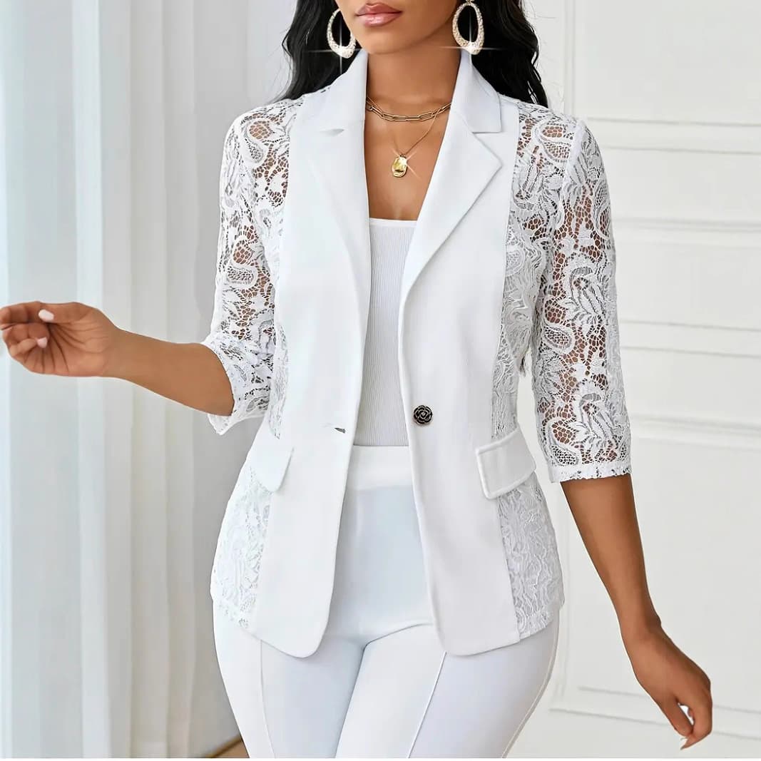 2025 Amazon European and American Women's Summer Thin Half-Patchwork Lapel Lace Single-Button Blazer