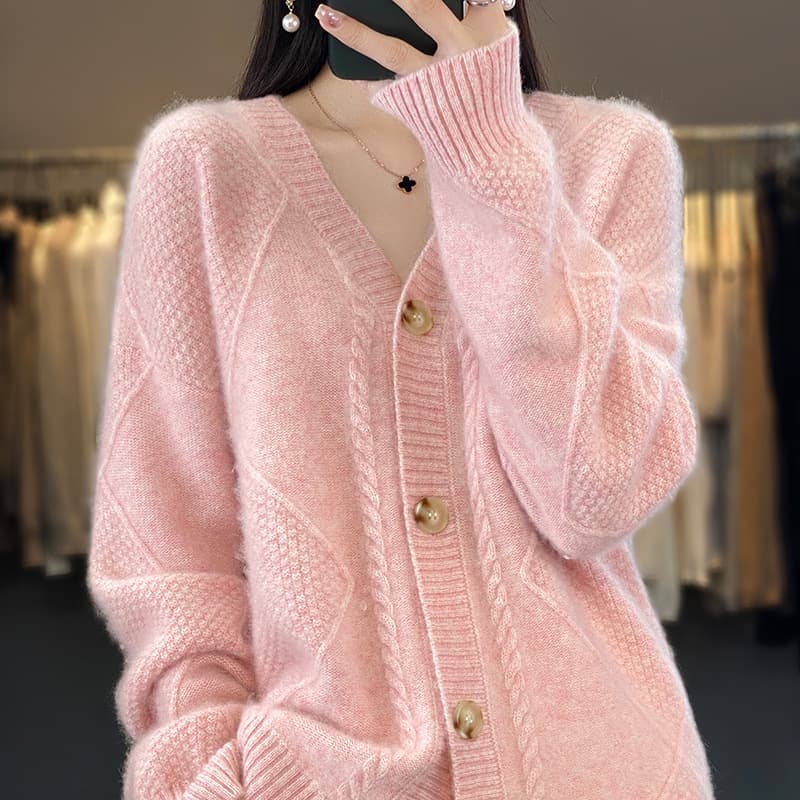 2023 New Arrival Spring/Autumn Solid Color V-Neck Loose Thick Sweater, Heavy Work Knitted Cardigan Long Sleeve Top Coat Wholesale