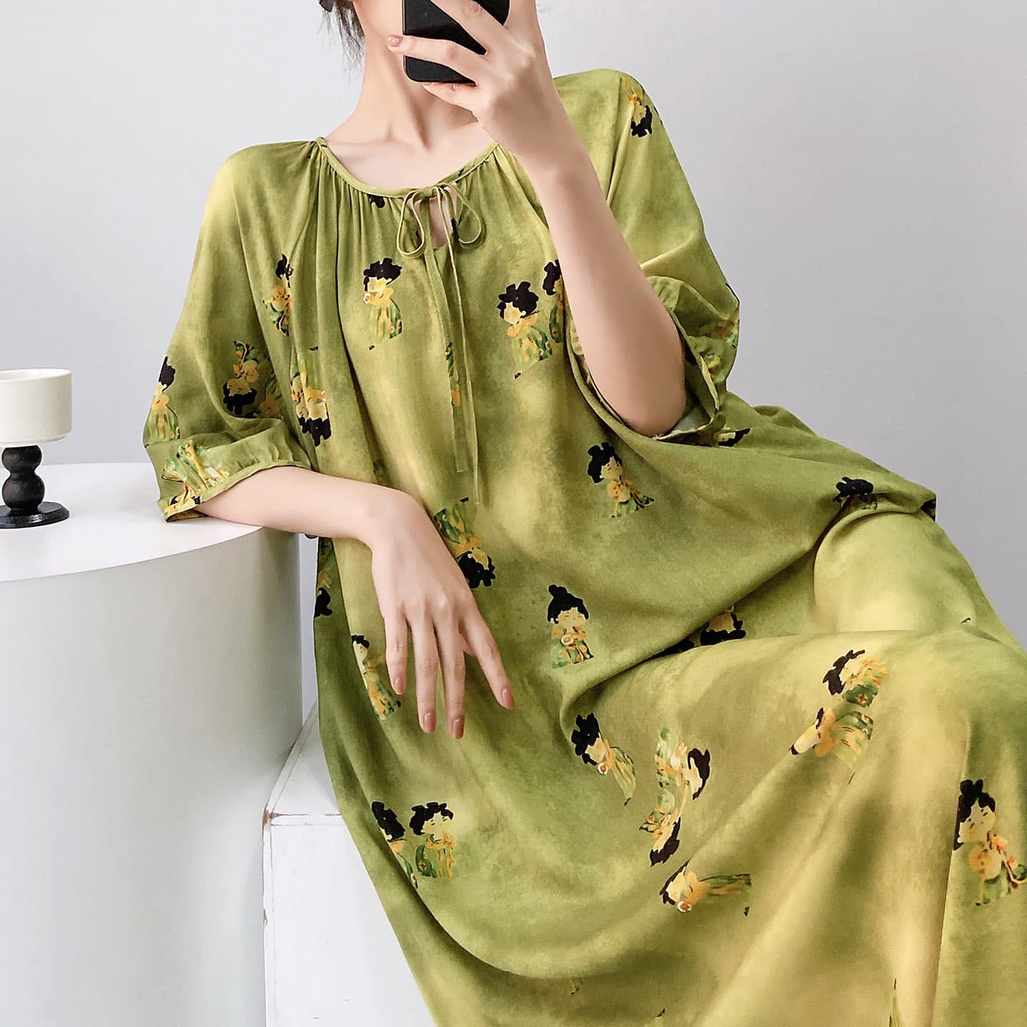 Chinese Style Tang-Style Lace-Up Nightgown for Women, Summer Cotton Silk Loose-Fitting Mid-Length Dress, Fresh and Simple Sleepwear That Can Be Worn Outside