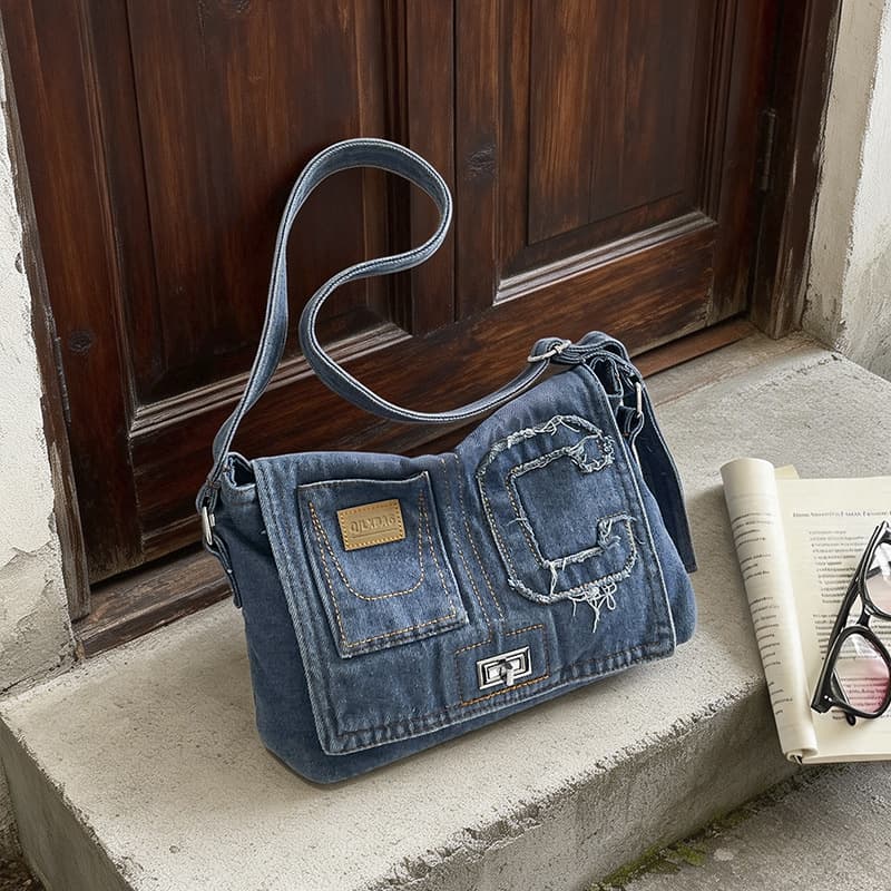 High-looking denim shoulder crossbody bag 2026 new original Japanese and Korean light luxury lazy style tote bag armpit bag