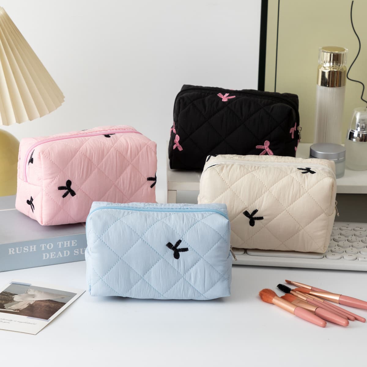 Cross-border bow quilted lipstick bag storage bag women's cosmetics storage bag headphone data cable bag cosmetic bag