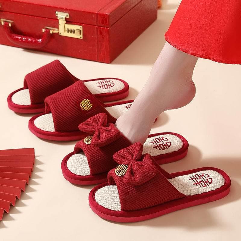 Wedding Slippers for Couples Linen Bride and Groom Festive Red Wedding Slippers with Double Happiness Character