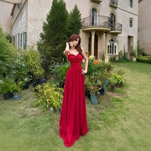Vintage Burgundy Camisole Dress Women Beach Vacation High-Waist Flared Maxi Dress Sanya Beach Slim Fairy Dress