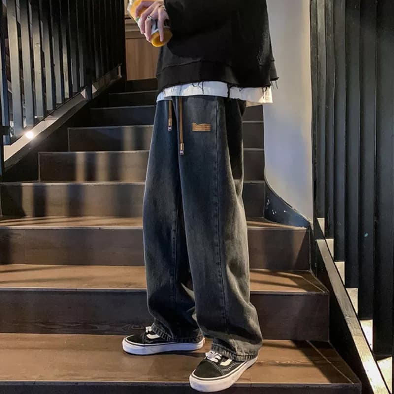 Pants men's trendy versatile drawstring jeans men's spring and autumn loose straight wide-leg high street American casual trousers