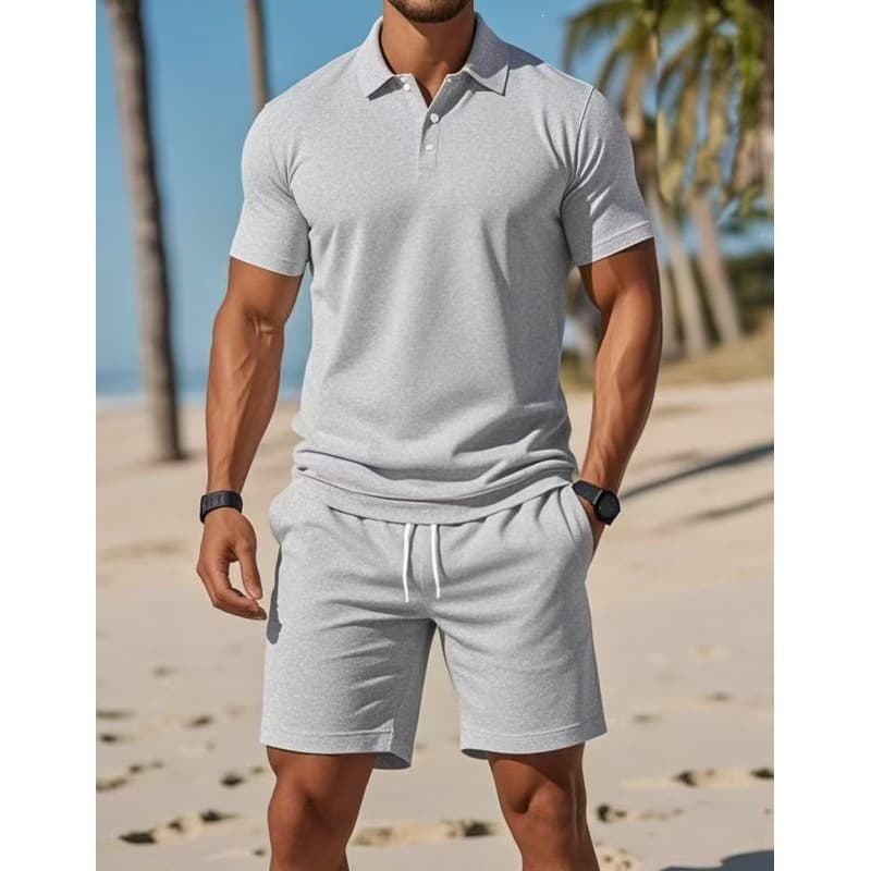Amazon Best-Selling Men's Solid Color Polo Shirt and Shorts Set Muscle Fitness Casual Sports Two-Piece Set
