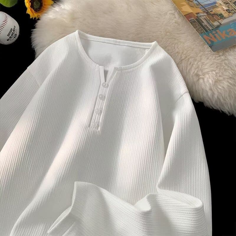 Spring and autumn sweatshirt men's textured design buttoned long-sleeved T-shirt men's American teenager winter bottoming shirt top