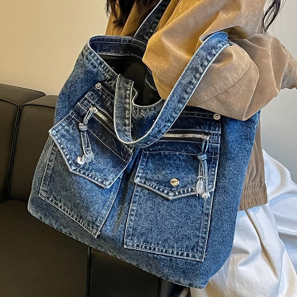 Retro large-capacity denim bag for women 2026 new cross-border trend shoulder armpit bag commuter casual tote bag