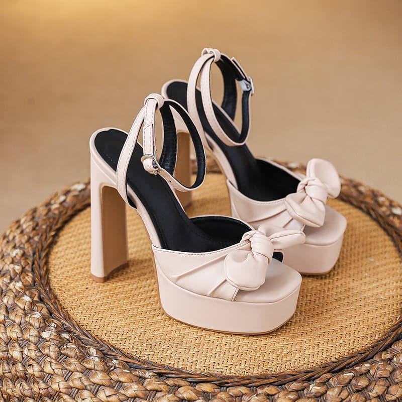 French Fairy Style Comfortable Chunky Heel Sandals for Women 2026 New Square Toe Bow Thick Sole Platform High Heels