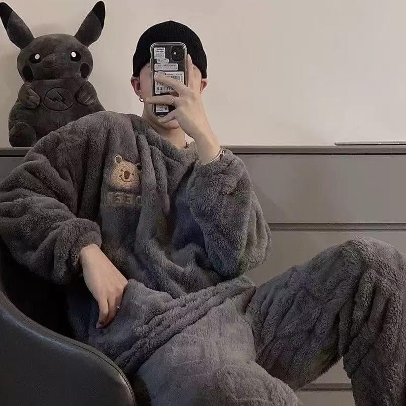 Custom Coral Fleece Pajama Set for Men, New Autumn/Winter Style, Teen Home Wear, Warm Thermal Suit for Winter