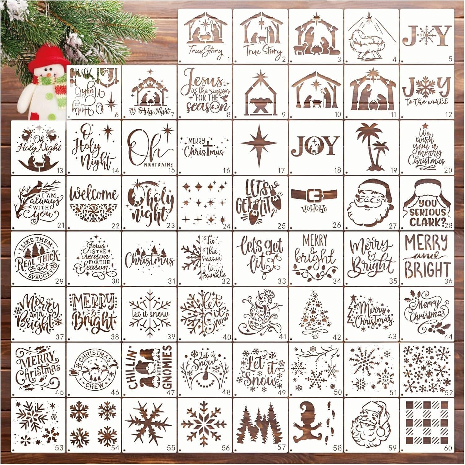 Cross-border new Merry Christmas template set of 60 pieces small Christmas template painting on wood reusable