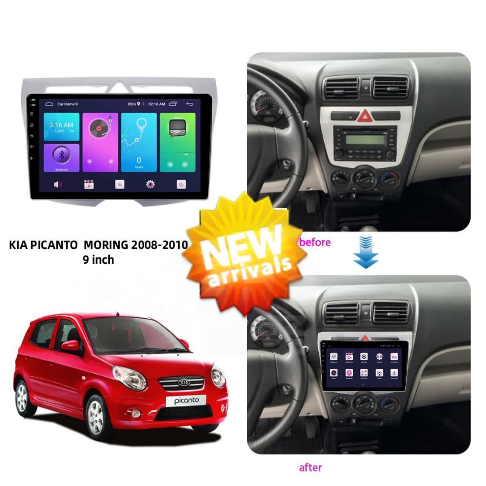 9-inch Large Screen Navigation Center Console Panel Frame for 2008-2010 KIA Morning