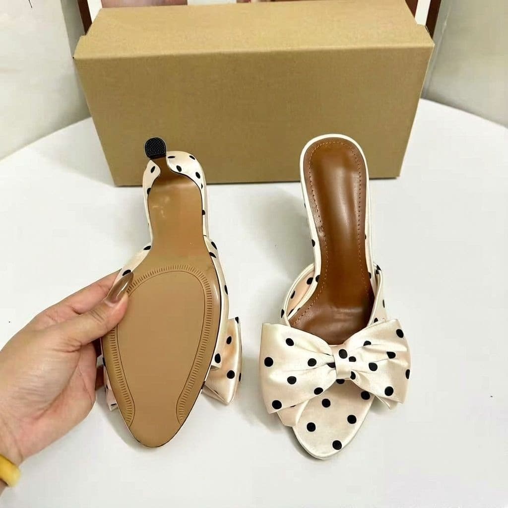 Cute Polka Dot Bow Decor Slide Sandals 2026 Summer New Style Stiletto Heel Versatile Sexy Open Toe Slippers for Women
