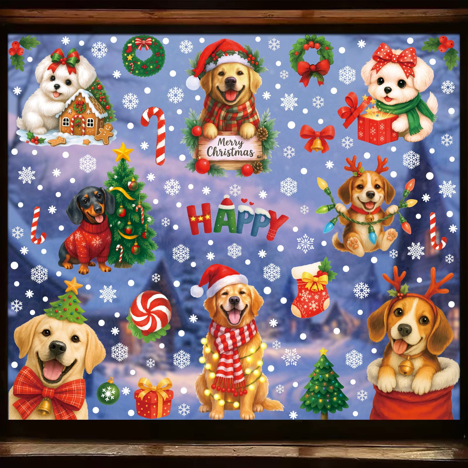 Christmas Cartoon Cute Bedroom Window Decoration Christmas Party Snowflake Cute Dog Glass Window Decorative Window Sticker