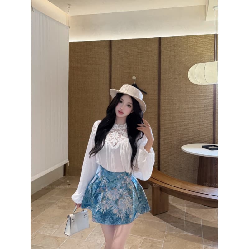 With Belt French Palace Vintage Style Lace Trim Blouse High-Waist Floral A-Line Skirt Elegant Suit