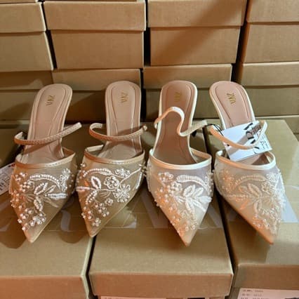 ZA In Stock 2025 Fall/Summer New Pointed Toe Shallow Mouth Mesh Embroidery Stiletto Heel Fashion Sandals Cross-border Shoes