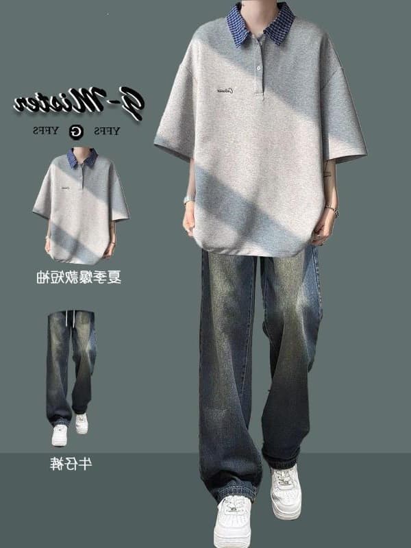 American-Style Casual Short-Sleeved T-Shirt Set for Men, Summer Youth Trendy Loose-Fitting T-Shirt Set with Matching Jeans