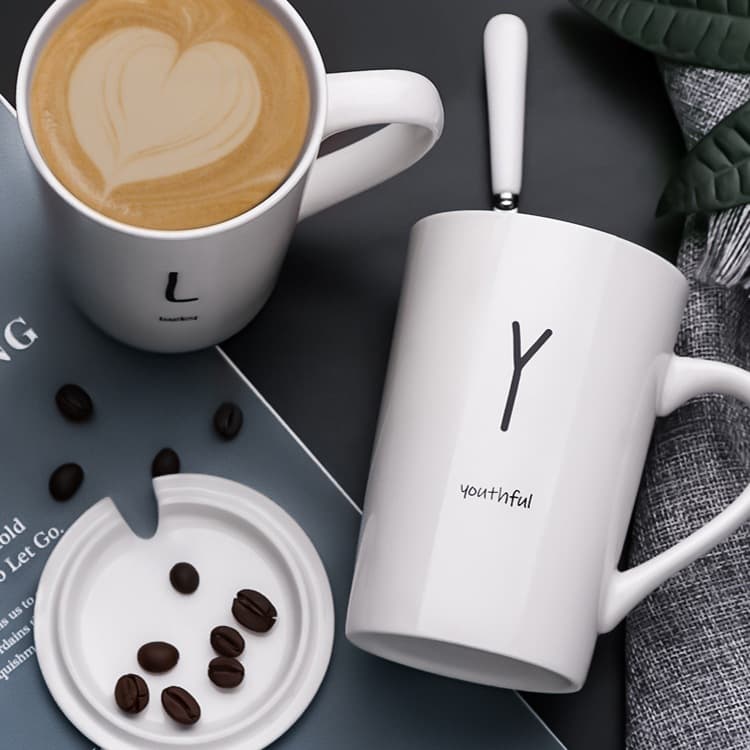 Ceramic Mug with Lid and Spoon, Coffee Cup for Home, Couple Drinking Cup, Office Tea Cup for Men and Women, No Handle