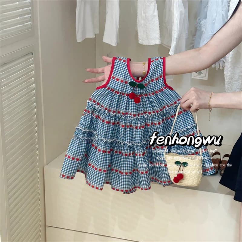 Pink House Children's Summer New Girls Sweet Blue Gingham Sleeveless Dress Baby Cherry Suspenders Dress