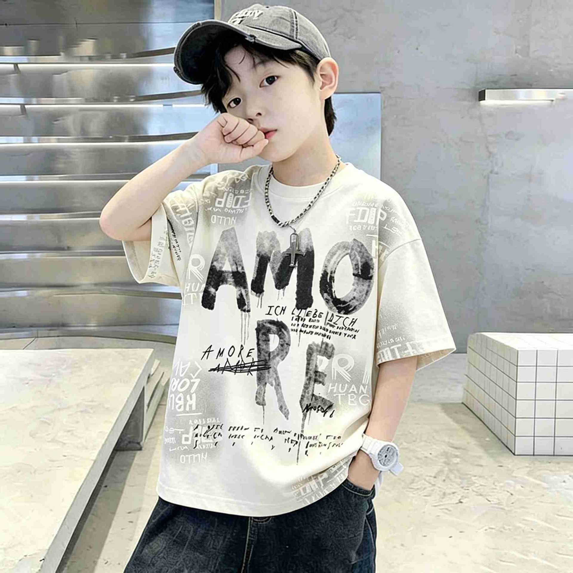 Summer 2026 new Korean style children's pure cotton letter printed T-shirt boys' fashionable short-sleeved tops fashionable summer wear 6