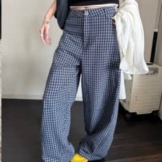 Island Bubble Cotton Plaid Pants, Micro-Crinkled Texture, Loose Sickle Pants, Casual Long Pants, Women's Blue Plaid Pants with Shirring