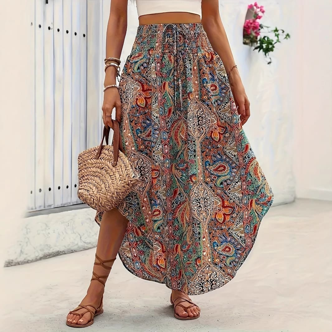 New Bohemian Ethnic Style Printed A-Line Skirt Casual Fashion Midi Skirt for Women