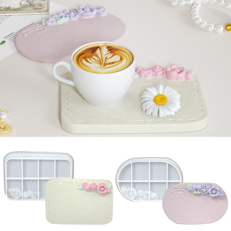 Embossed Flower Rectangular Oval Display Tray Silicone Mold for DIY Aromatherapy Plaster Coaster Epoxy Resin Mold