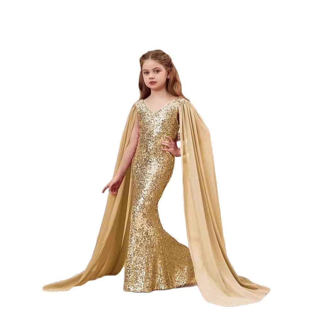 Premium Gold Sequins Girls Mermaid Princess Dress Children's Luxury Runway Performance Outfit Birthday Heavy Craftsmanship Gown
