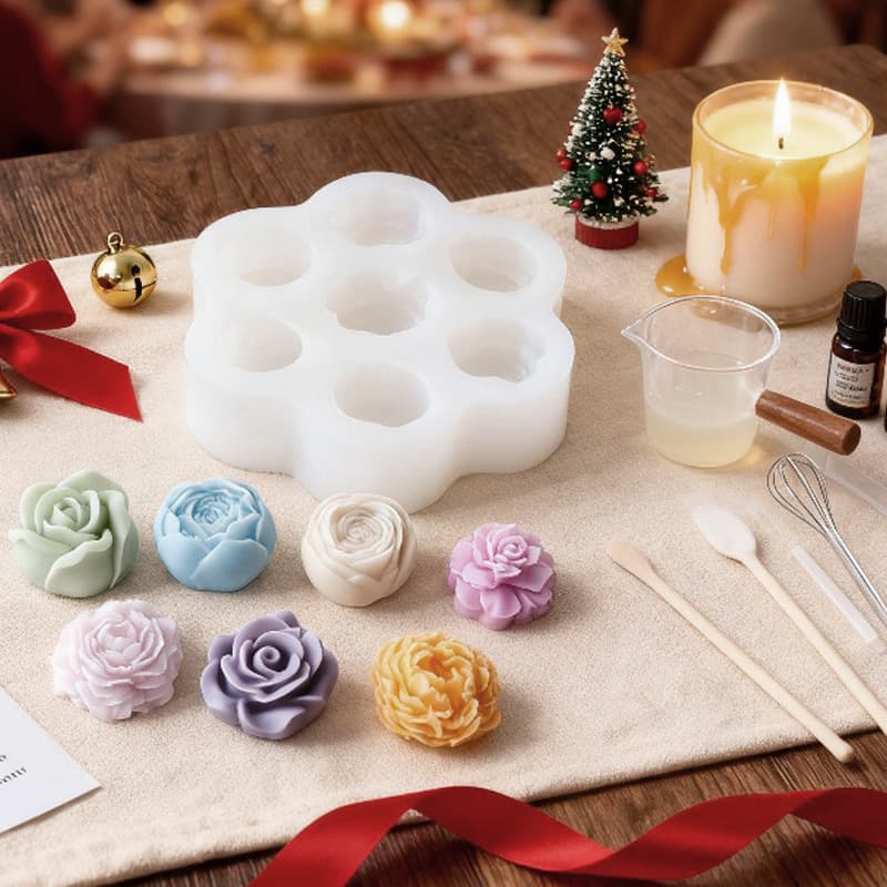 7-Hole Rose Peony Flower Silicone Mold for DIY Chocolate Decoration, Cake Fondant Baking, Ice Cube, and Candle Mold