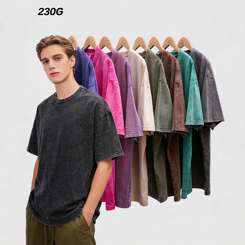 Short-sleeve men's T-shirt 230g, washed distressed heavyweight cotton T-shirt, workwear, American loose fit, DIY printed logo and embroidery