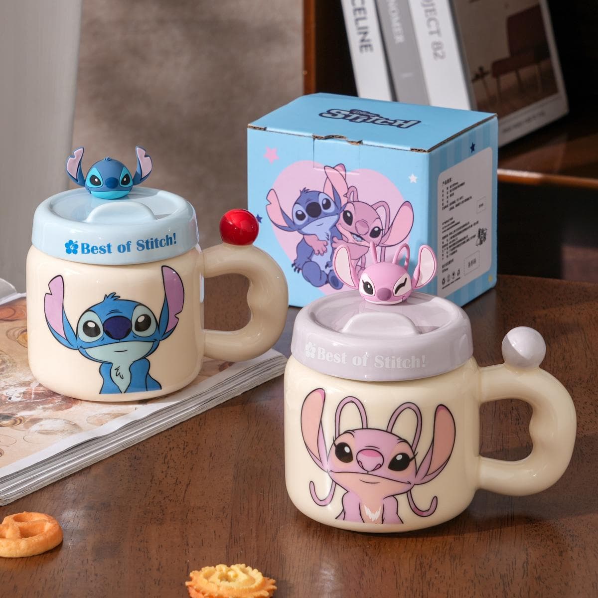 Stitch Ceramic Mug with Phone Stand Lid Couple's Cartoon Cup High Aesthetic Birthday Gift for Her
