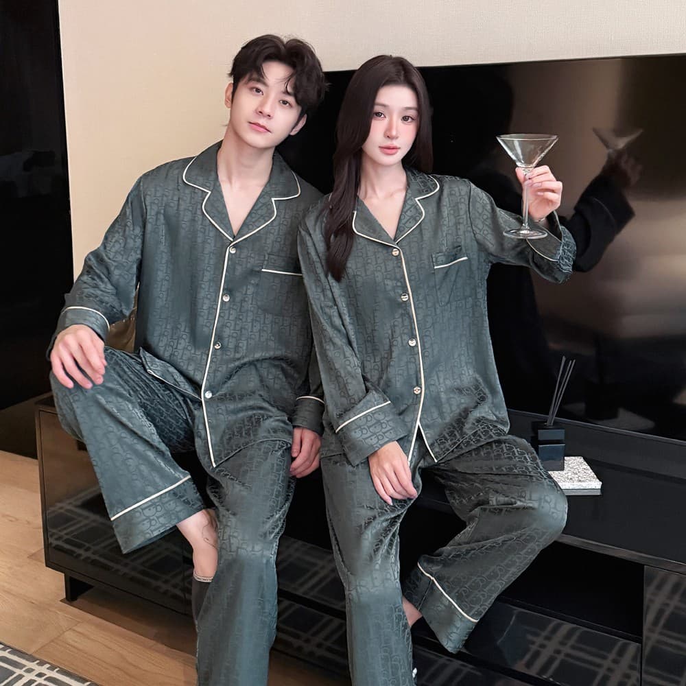 Men's and Women's Pajamas Light Luxury Jacquard Thin Homewear Set Long Sleeve Spring Autumn New High-End Ice Silk Underwear