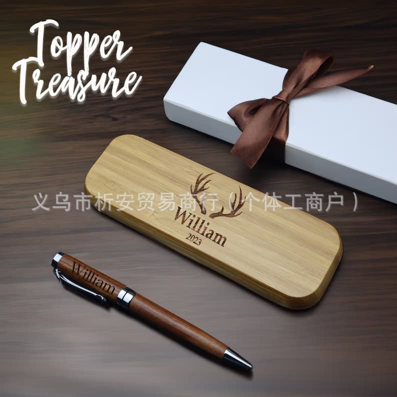 Personalized Pen Box with Engraved Logo - Bamboo and Wooden Pen, Signature Pen, Business and Student Graduation Gifts with Custom Engraving