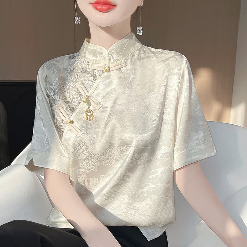[Factory Direct Supply] New Chinese Style National Style Buckle Neck Tencel Short-sleeved T-shirt Women's Summer Jacquard Ice Silk Shirt Thin