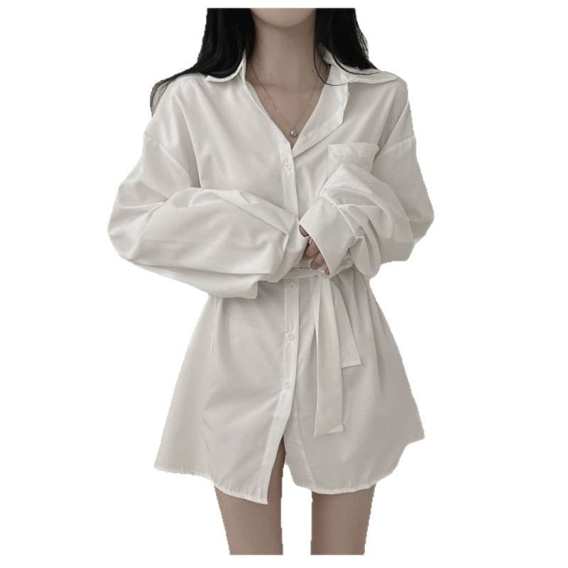 Korean Chic 2026 Summer New Loose-Fit Solid Color Tie-Strap Sun-Protection Shirt Dress